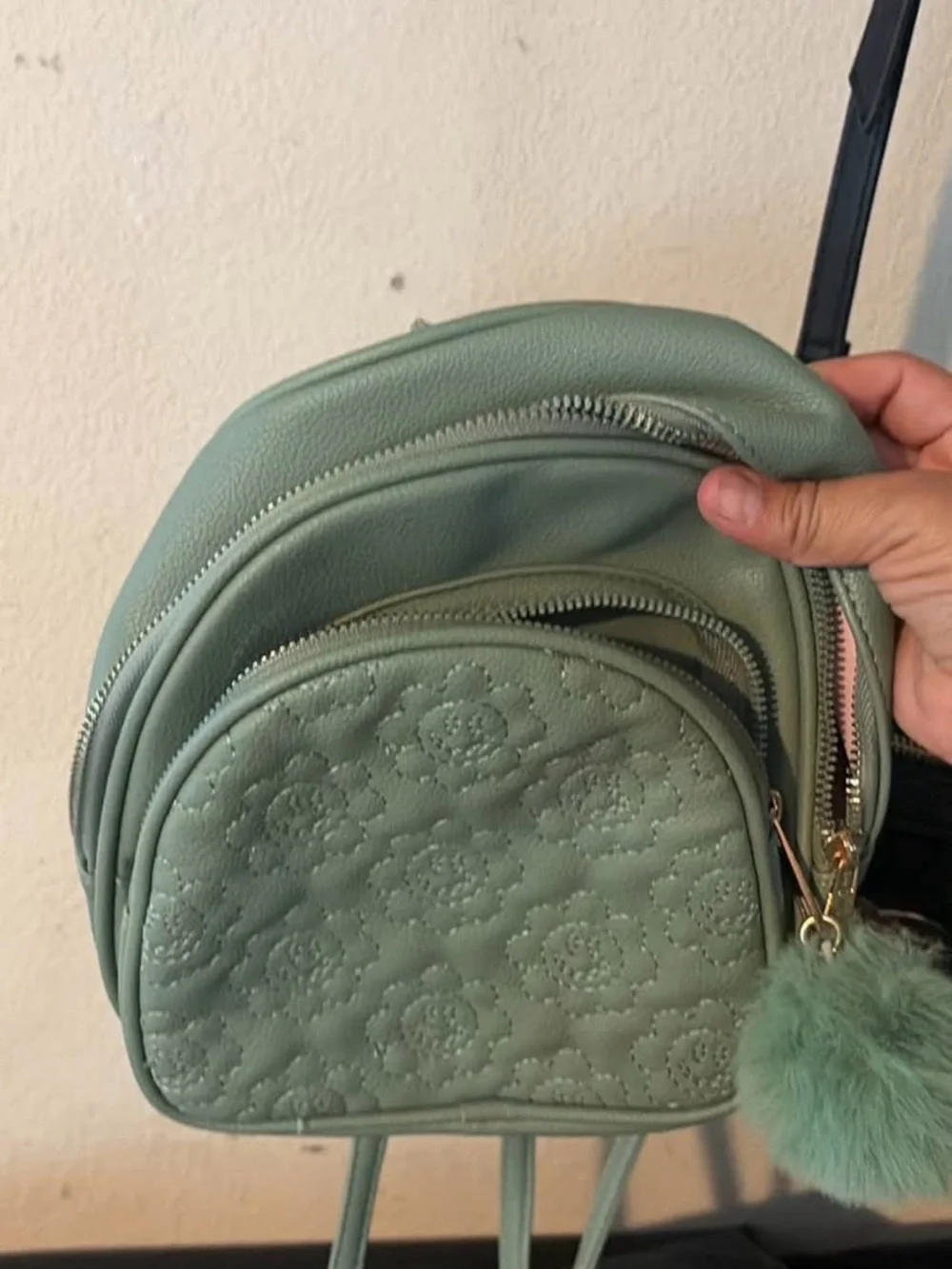 Juicy Couture Mint Green Quilted Floral Mini Backpack with Pom Pom